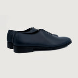 Close-Up Detail of Classic Collar & Heavy-Duty Zipper Hardware on Director Wholecut Midnight Blue Leather Shoes For Men