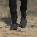 Tailored Rib Cuffs & Hem Craftsmanship Construction Detail on Duster Brogues Derby Black Nubuck Leather Boots For Men