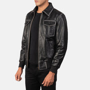 Black Cowhide Leather Bomber Jacket - Back View Showing Tailored Shoulder Fit &amp; Clean Hemline