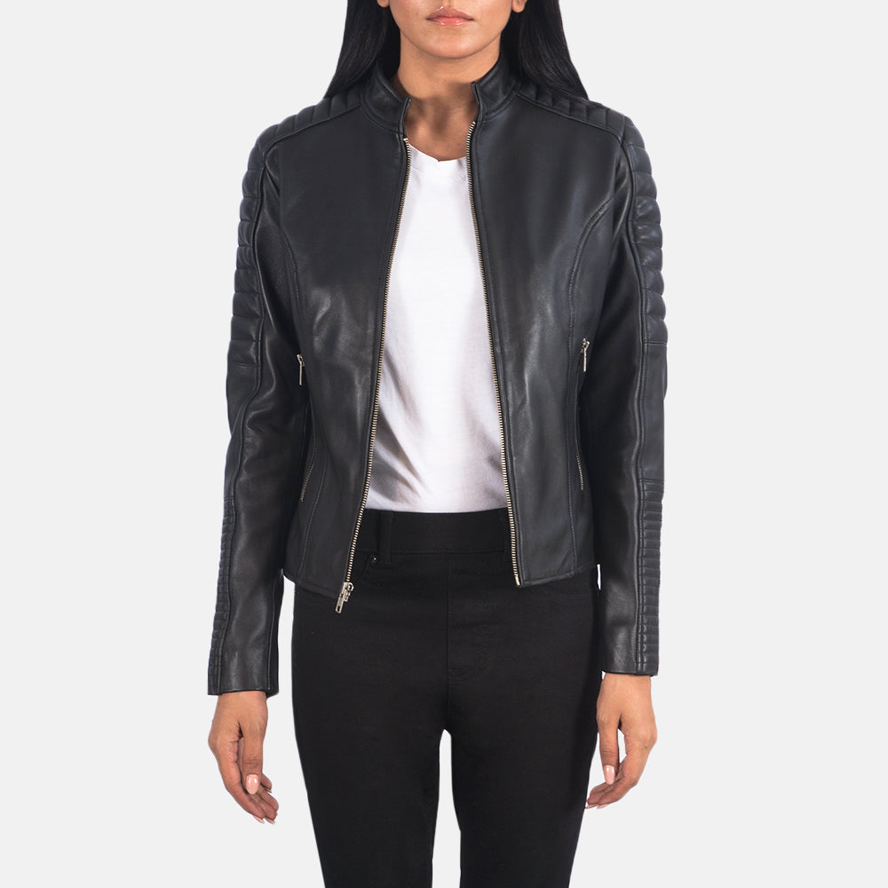 Women's Adalyn Quilted Czarna Skórzana Ramoneska Damska in Black Sheepskin Leather - Front Profile View &amp; Tailored Silhouette | Buy Online