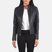 Women's Adalyn Quilted Czarna Skórzana Ramoneska Damska in Black Sheepskin Leather - Front Profile View &amp; Tailored Silhouette | Buy Online