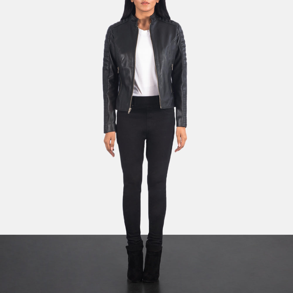 Women's Adalyn Quilted Czarna Skórzana Ramoneska Damska - Lateral Side Profile View Showing Sleeve Cut &amp; Athletic Taper Fit
