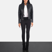 Women's Adalyn Quilted Czarna Skórzana Ramoneska Damska - Lateral Side Profile View Showing Sleeve Cut &amp; Athletic Taper Fit
