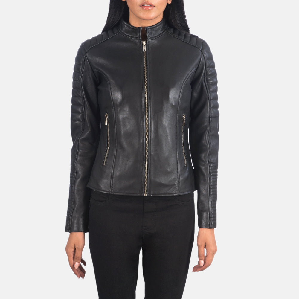 Close-Up Detail of Band &amp; Zipper Hardware on Women's Adalyn Quilted Czarna Skórzana Ramoneska Damska