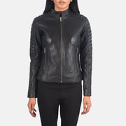 Close-Up Detail of Band &amp; Zipper Hardware on Women's Adalyn Quilted Czarna Skórzana Ramoneska Damska