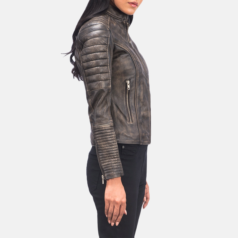 
Distressed Brown Goatskin Leather Biker Jacket - Widok z tyłu z dopasowanymi ramionami i czystym dołem