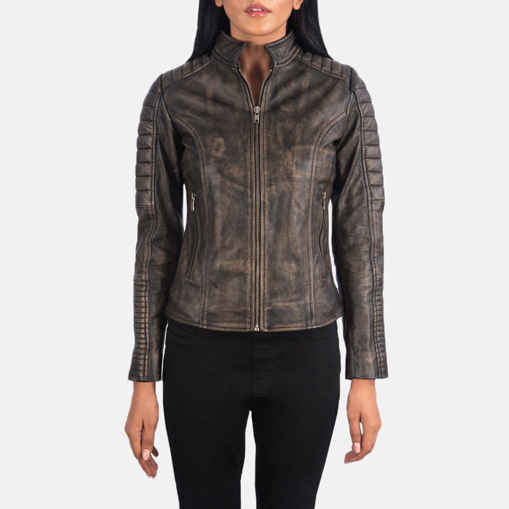
Szczegółowe zbliżenie of Band & Zipper Hardware on Adalyn Pikowana Distressed Brązowy Skórzana Ramoneska Damska