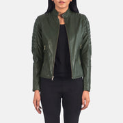 Women's Adalyn Quilted Green Skórzana Ramoneska Damska in Green Sheepskin Leather - Front Profile View &amp; Tailored Silhouette | Buy Online