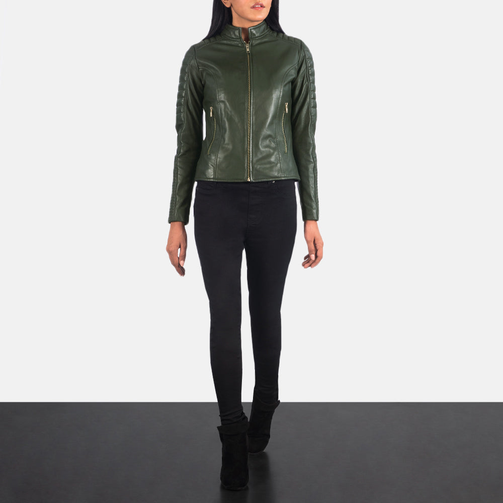 Women's Adalyn Quilted Green Skórzana Ramoneska Damska - Lateral Side Profile View Showing Sleeve Cut &amp; Athletic Taper Fit