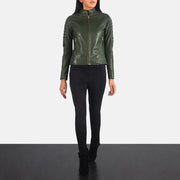 Women's Adalyn Quilted Green Skórzana Ramoneska Damska - Lateral Side Profile View Showing Sleeve Cut &amp; Athletic Taper Fit