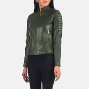 Close-Up Detail of Band &amp; Zipper Hardware on Women's Adalyn Quilted Green Skórzana Ramoneska Damska