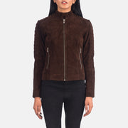 
Adalyn Pikowana Mocha Suede Skórzana Ramoneska Damska in Mocha Brown Goatskin Suede - Widok z przodu i dopasowana sylwetka | Kup online w oficjalnym sklepie