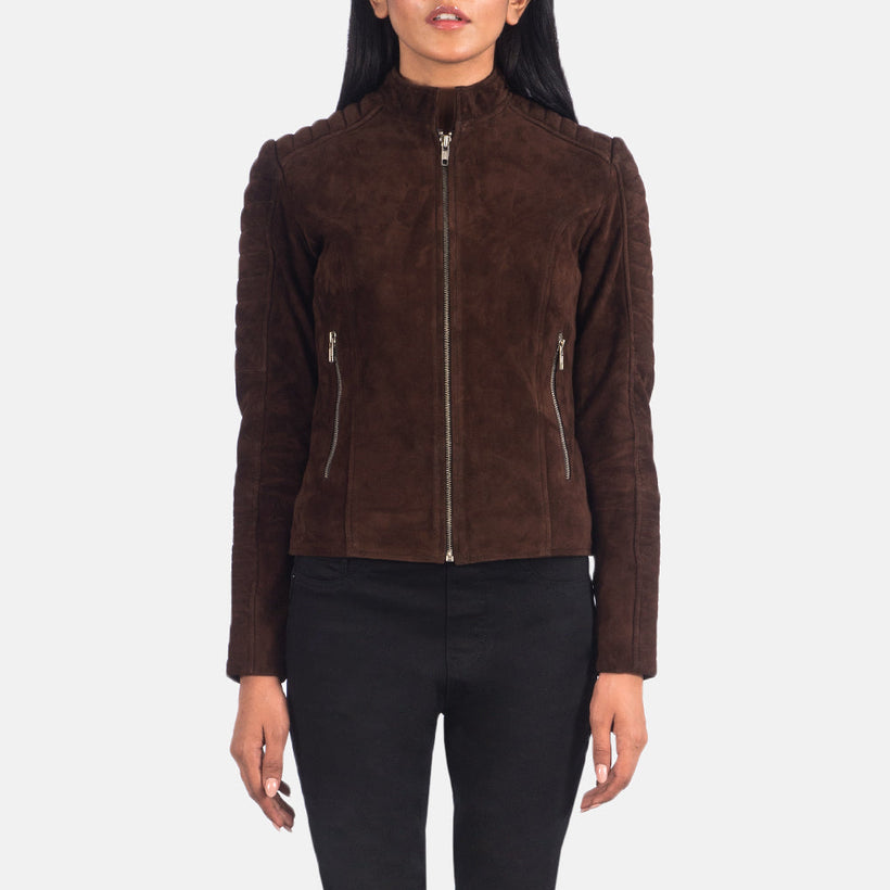 Women's Adalyn Quilted Mocha Suede Biker Jacket in Mocha Brown Goatskin Suede - Front Profile View & Tailored Silhouette | Buy Online
