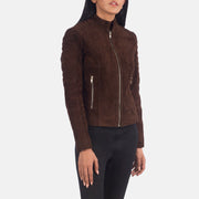 
Mocha Brown Goatskin Suede Biker Jacket - Widok z tyłu z dopasowanymi ramionami i czystym dołem
