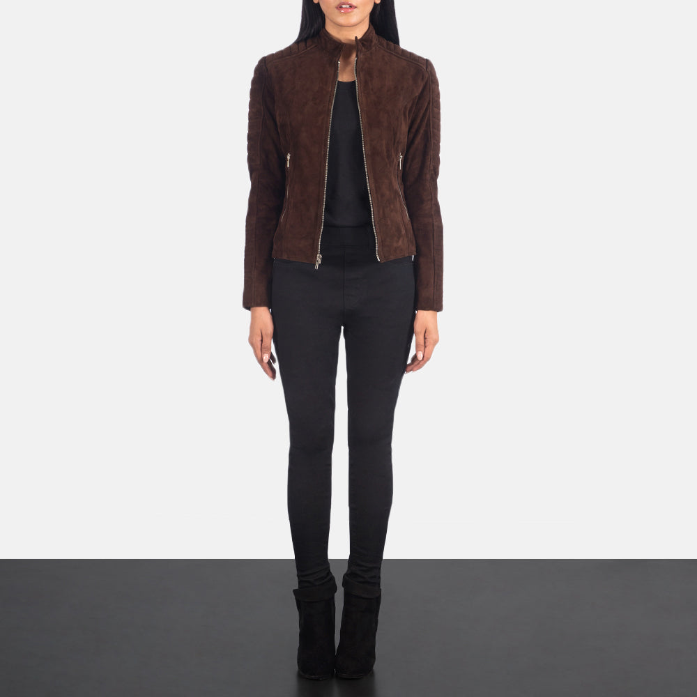 
Szczegółowe zbliżenie of Band & Zipper Hardware on Adalyn Pikowana Mocha Suede Skórzana Ramoneska Damska