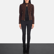
Szczegółowe zbliżenie of Band & Zipper Hardware on Adalyn Pikowana Mocha Suede Skórzana Ramoneska Damska