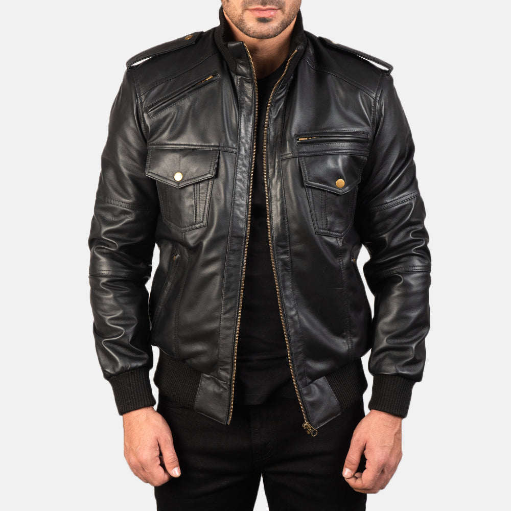Men's Agent Shadow Czarna Skórzana Kurtka Bomberka Męska in Black Sheepskin Leather - Front Profile View &amp; Tailored Silhouette | Buy Online