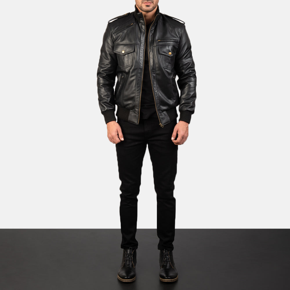 Men's Agent Shadow Czarna Skórzana Kurtka Bomberka Męska - Lateral Side Profile View Showing Sleeve Cut &amp; Athletic Taper Fit