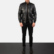 Men's Agent Shadow Czarna Skórzana Kurtka Bomberka Męska - Lateral Side Profile View Showing Sleeve Cut &amp; Athletic Taper Fit