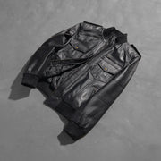 Styled Fit Perspective of Men's Agent Shadow Czarna Skórzana Kurtka Bomberka Męska on Model - Natural Daylight Drape