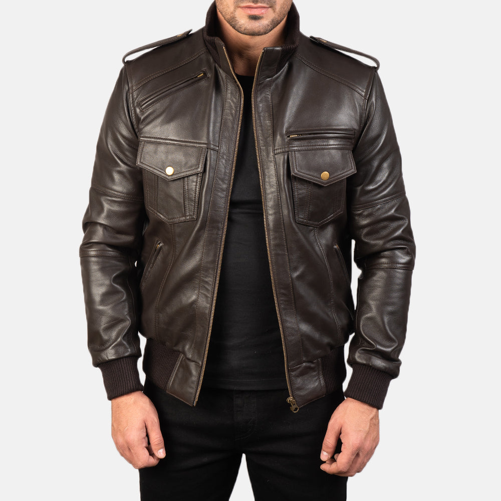 Men's Agent Shadow Brązowa Skórzana Kurtka Bomberka Męska in Brown Sheepskin Leather - Front Profile View &amp; Tailored Silhouette | Buy Online