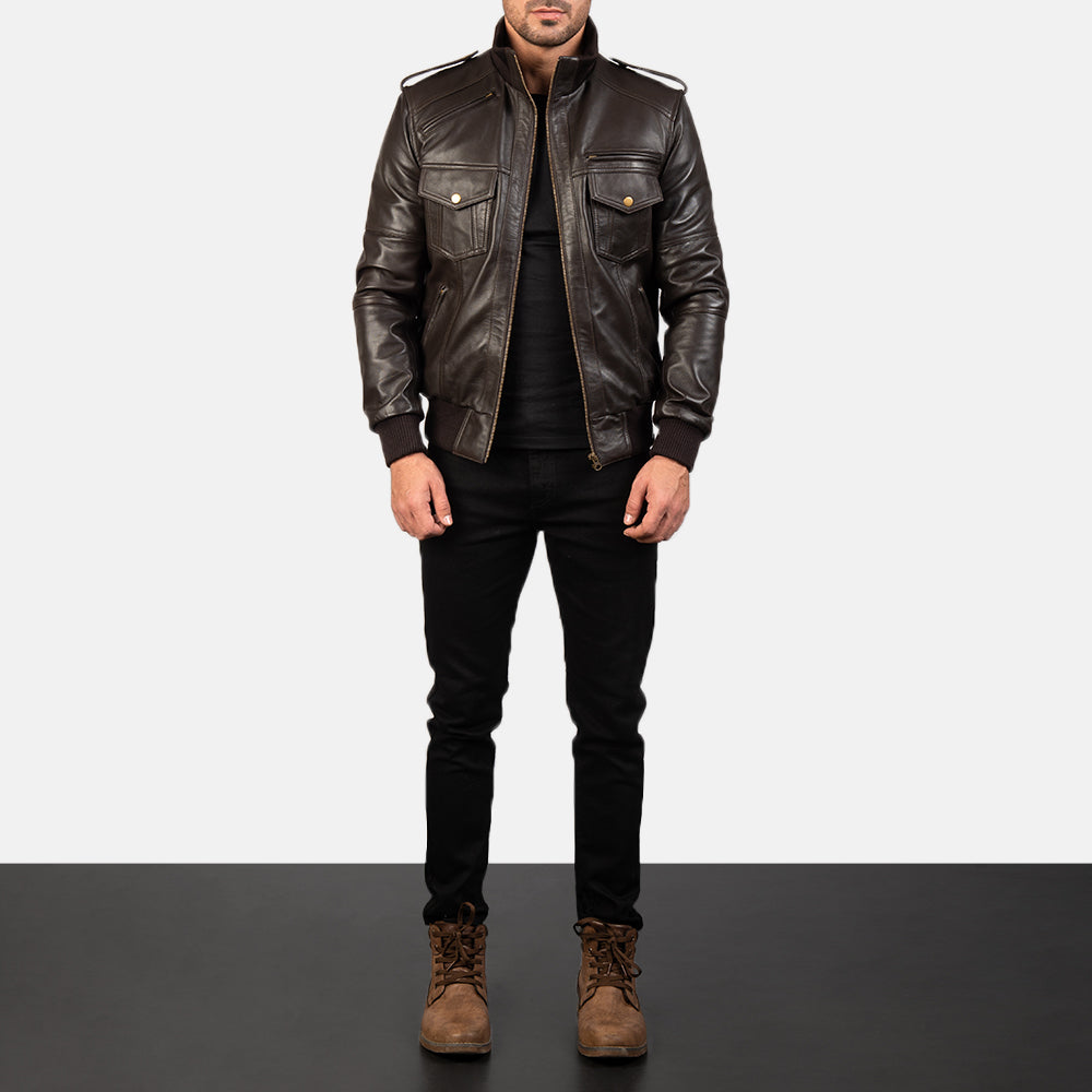 Men's Agent Shadow Brązowa Skórzana Kurtka Bomberka Męska - Lateral Side Profile View Showing Sleeve Cut &amp; Athletic Taper Fit