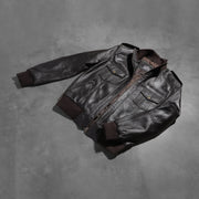 Styled Fit Perspective of Men's Agent Shadow Brązowa Skórzana Kurtka Bomberka Męska on Model - Natural Daylight Drape