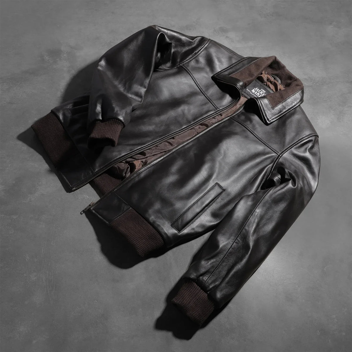 
Rib Knit & Hem Craftsmanship Construction Detail on Air Rolf Mocha Brown Leather Bomber Jacket