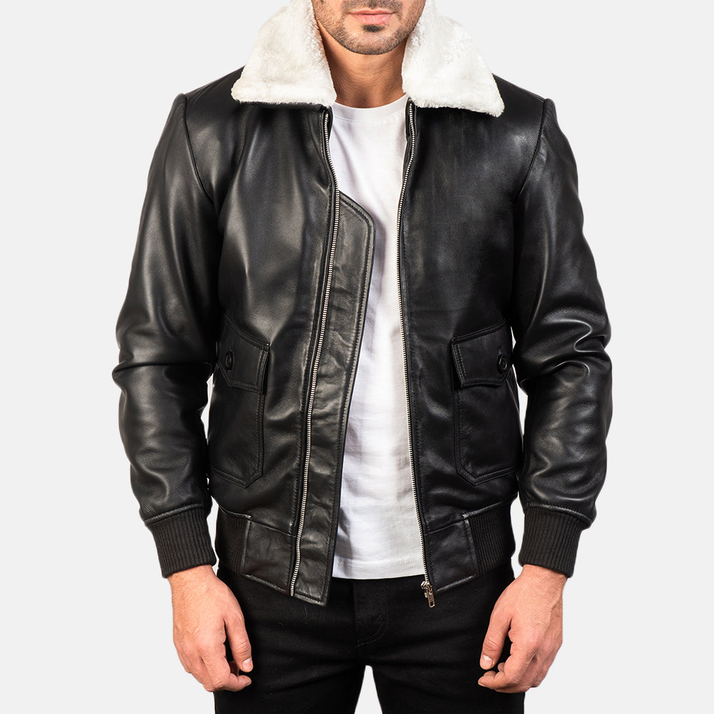
Airin G-1 Black & White Leather Bomber Jacket in Black Sheepskin Leather - Widok z przodu i dopasowana sylwetka | Kup online w oficjalnym sklepie