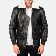 
Airin G-1 Black & White Leather Bomber Jacket in Black Sheepskin Leather - Widok z przodu i dopasowana sylwetka | Kup online w oficjalnym sklepie