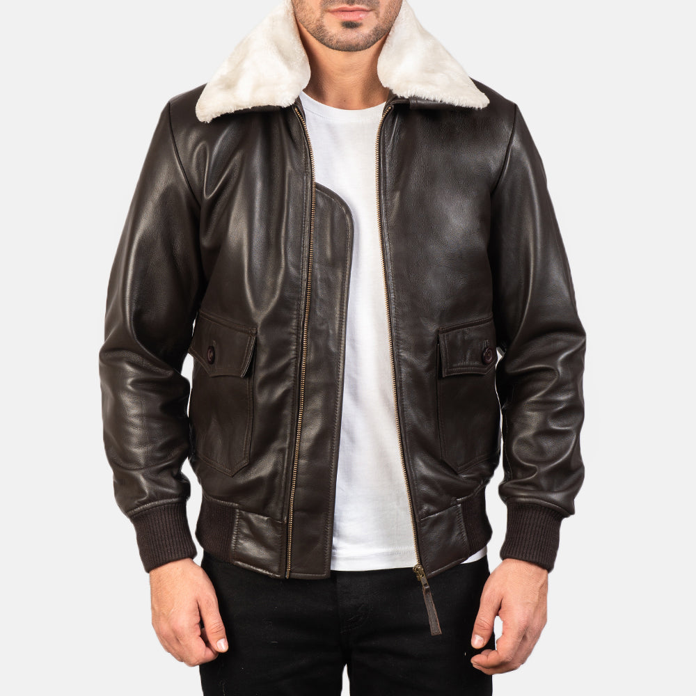 Men's Airin G-1 Brązowa Skórzana Kurtka Bomberka Męska in Brown Sheepskin Leather - Front Profile View &amp; Tailored Silhouette | Buy Online