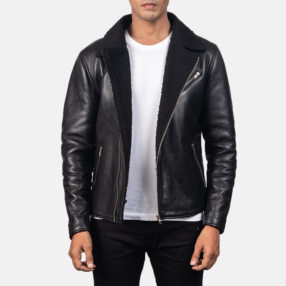 Men's Alberto Shearling Czarna Kurtka Skórzana Męska in Black Sheepskin Leather - Front Profile View &amp; Tailored Silhouette | Buy Online