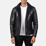 Men's Alberto Shearling Czarna Kurtka Skórzana Męska in Black Sheepskin Leather - Front Profile View &amp; Tailored Silhouette | Buy Online