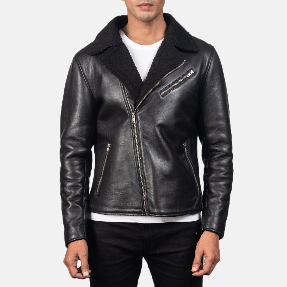 Men's Alberto Shearling Czarna Kurtka Skórzana Męska - Lateral Side Profile View Showing Sleeve Cut &amp; Athletic Taper Fit