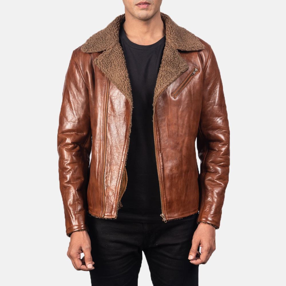 Men's Alberto Shearling Brązowa Kurtka Skórzana Męska in Brown Sheepskin Leather - Front Profile View &amp; Tailored Silhouette | Buy Online
