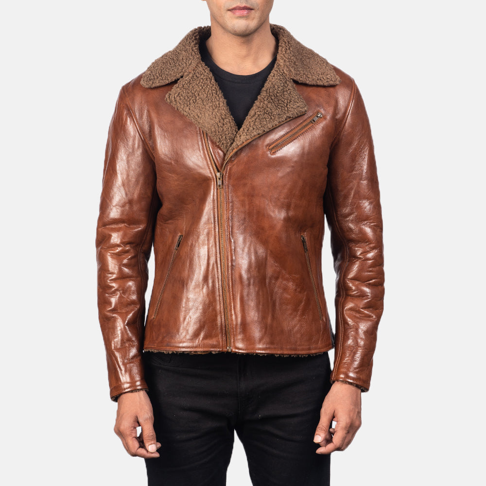 Men's Alberto Shearling Brązowa Kurtka Skórzana Męska - Lateral Side Profile View Showing Sleeve Cut &amp; Athletic Taper Fit