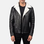 Men's Alberto White Shearling Czarna Kurtka Skórzana Męska in Black Sheepskin Leather - Front Profile View &amp; Tailored Silhouette | Buy Online