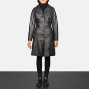 Women's Alexis Czarna Single Breasted Skórzany Płaszcz Damska in Black Cowhide Leather - Front Profile View &amp; Tailored Silhouette | Buy Online