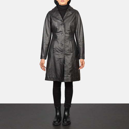 Women's Alexis Black Single Breasted Leather Coat in Black Cowhide Leather - Front Profile View & Tailored Silhouette | Buy Online