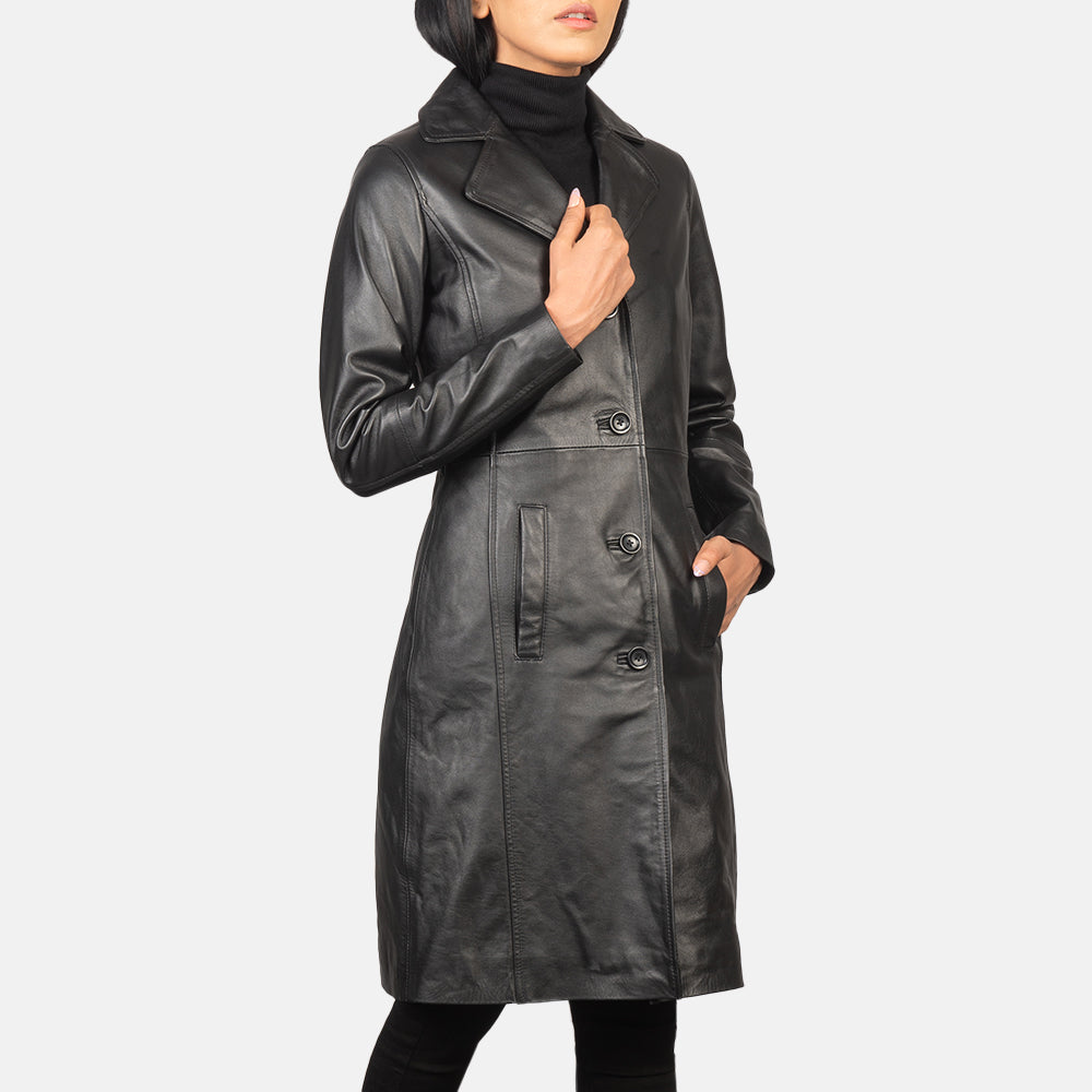 Black Cowhide leather Coat - Back View Showing Tailored Shoulder Fit &amp; Clean Hemline