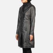 Women's Alexis Czarna Single Breasted Skórzany Płaszcz Damska - Lateral Side Profile View Showing Sleeve Cut &amp; Athletic Taper Fit