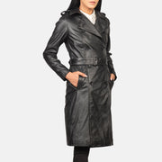 Close-Up Detail of Notch &amp; Buttons Hardware on Women's Alice Black Double Breasted Leather Coat