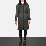 Women's Alina Shearling Czarna Skórzany Płaszcz Damska in Distressed Black Sheepskin Leather - Front Profile View &amp; Tailored Silhouette | Buy Online