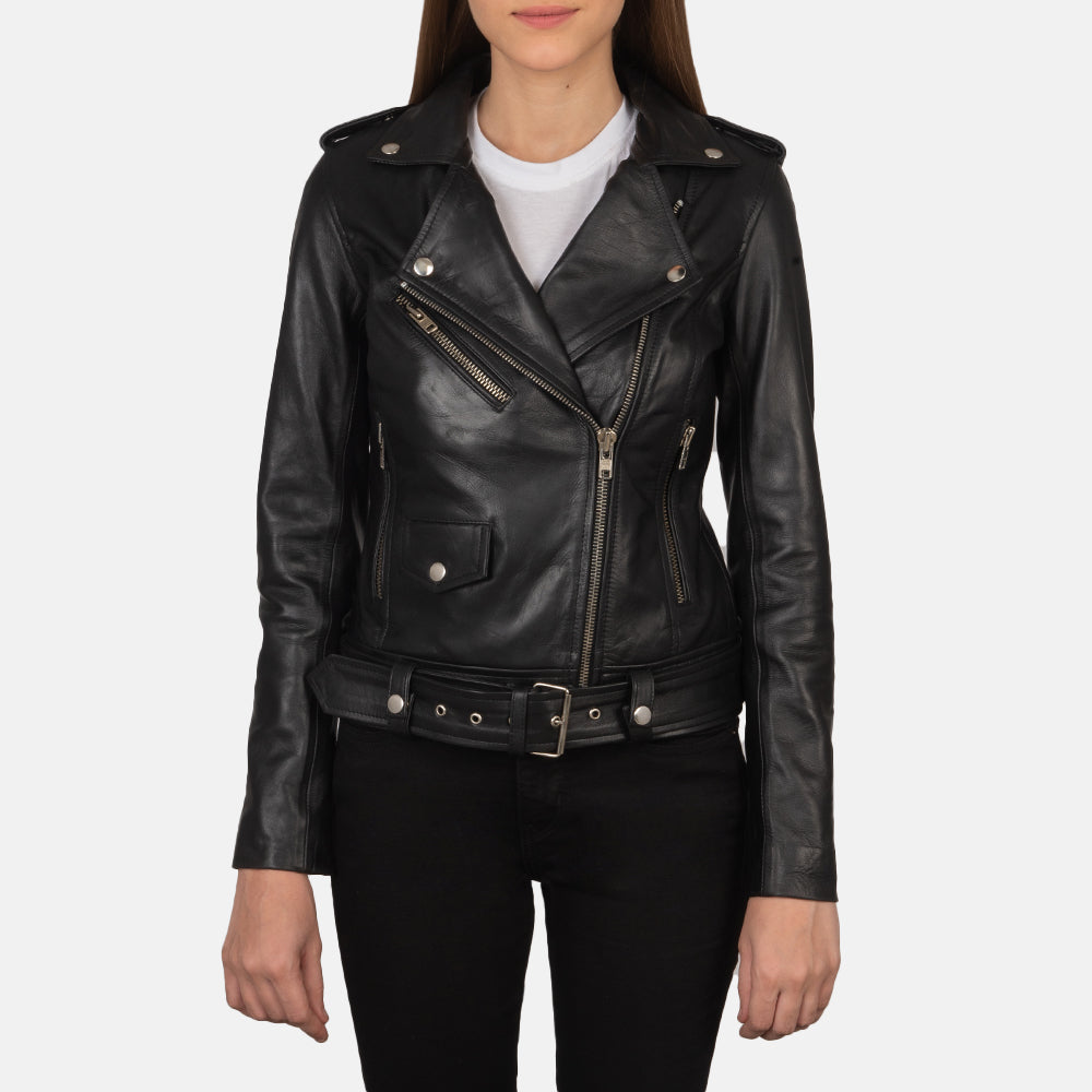 Women's Alison Black Leather Biker Jacket in Black Cowhide Leather - Front Profile View &amp; Tailored Silhouette | Buy Online