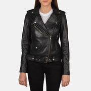 Women's Alison Black Leather Biker Jacket in Black Cowhide Leather - Front Profile View &amp; Tailored Silhouette | Buy Online