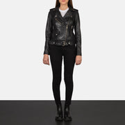 Women's Alison Black Leather Biker Jacket - Lateral Side Profile View Showing Sleeve Cut &amp; Athletic Taper Fit