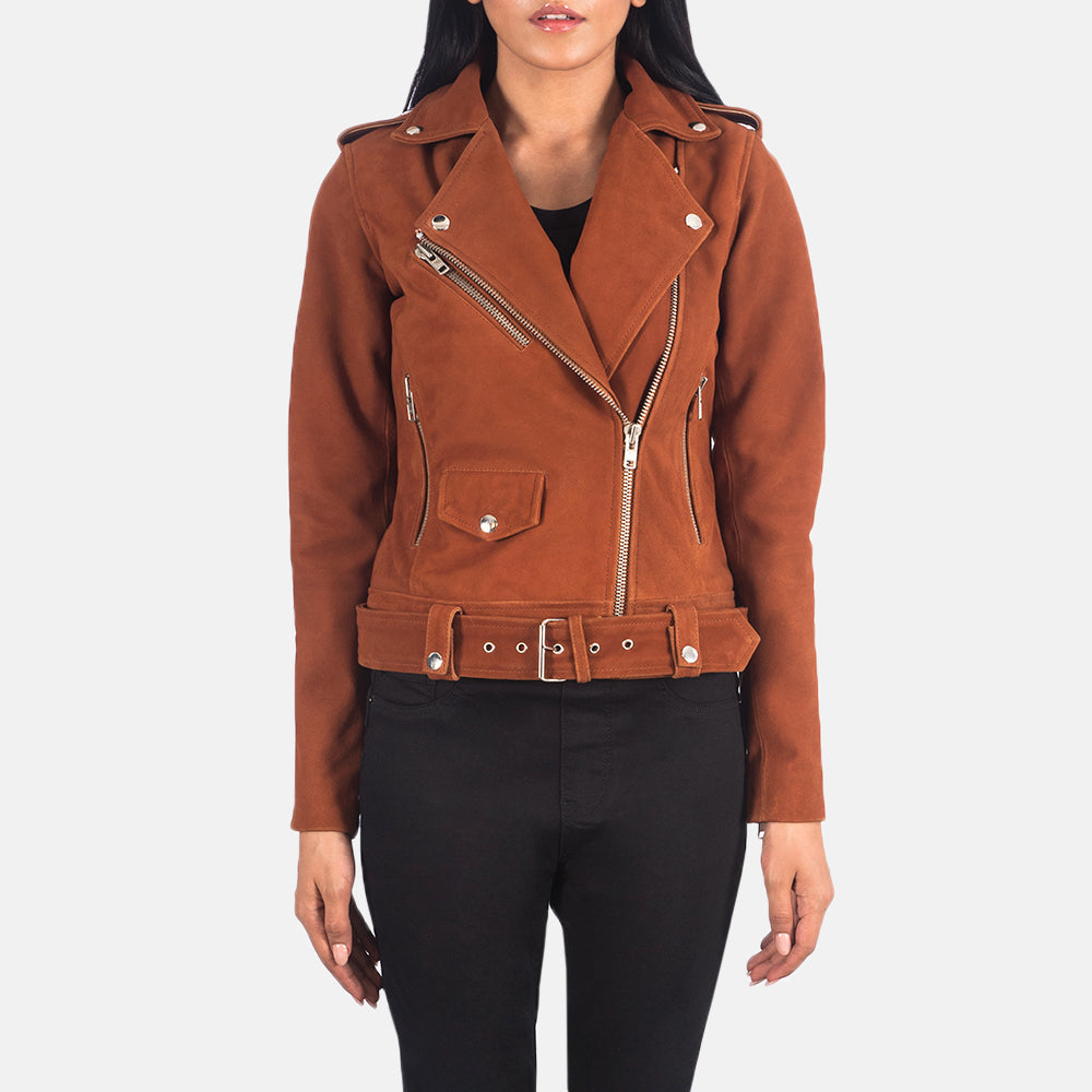 
Alison Brązowy Suede Skórzana Ramoneska Damska in Brown Goatskin Suede - Widok z przodu i dopasowana sylwetka | Kup online w oficjalnym sklepie