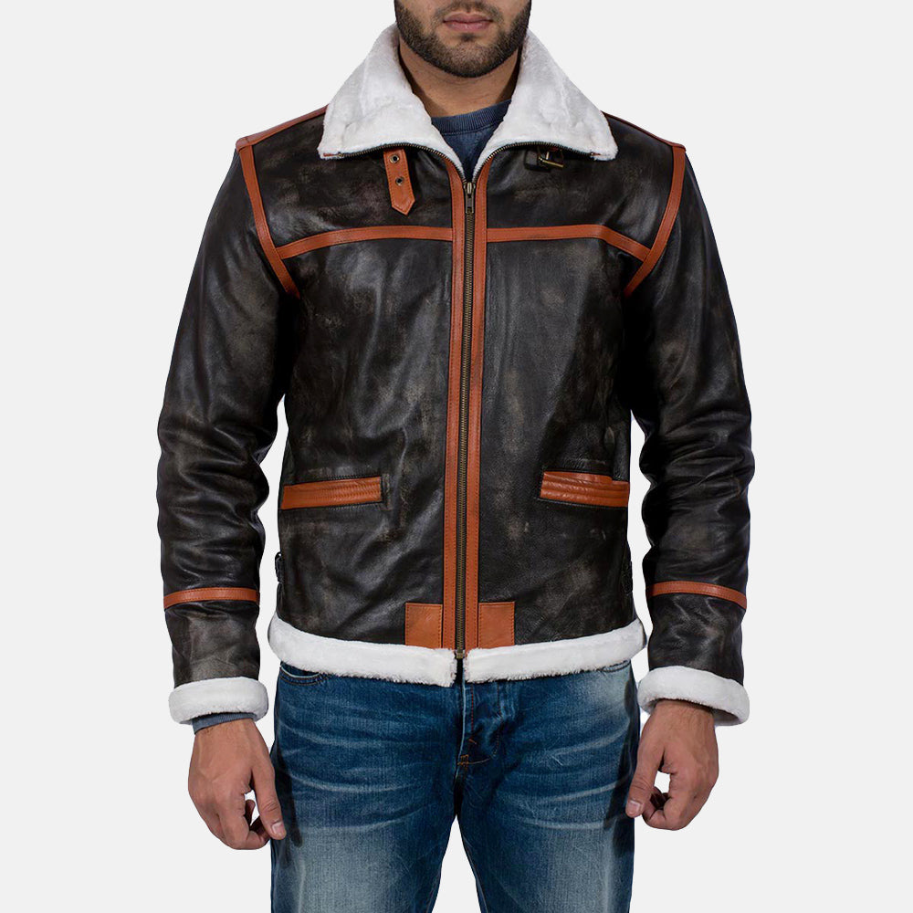 
Alpine Brązowy Fur Kurtka Skórzana Męska in Distressed Brown Goatskin Leather - Widok z przodu i dopasowana sylwetka | Kup online w oficjalnym sklepie