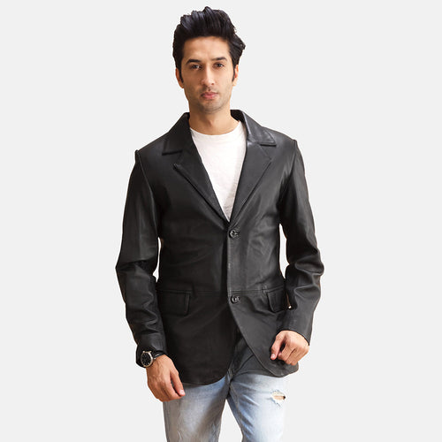 Alyson Black Leather Blazer in Black Sheepskin Leather - Front Profile View & Tailored Silhouette | Buy Online