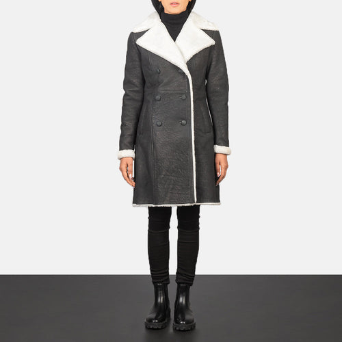 Women's Amie Black Double Breasted Shearling Coat in Black Sheepskin Snuffed - Front Profile View & Tailored Silhouette | Buy Online